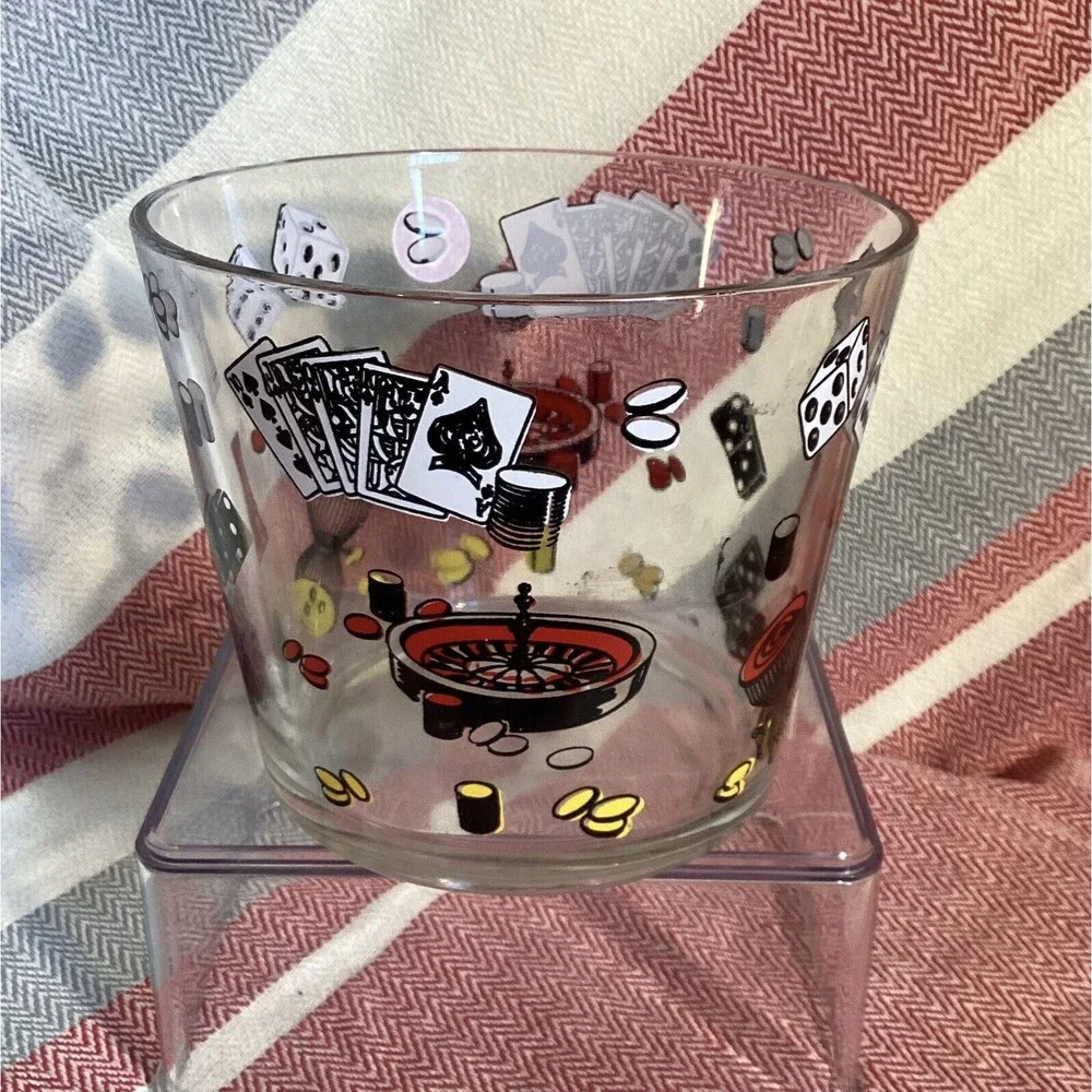 Hazel Atlas Vintage 1960’s Glass Ice Bucket Casino Cards Dice Poker Barware MCM
